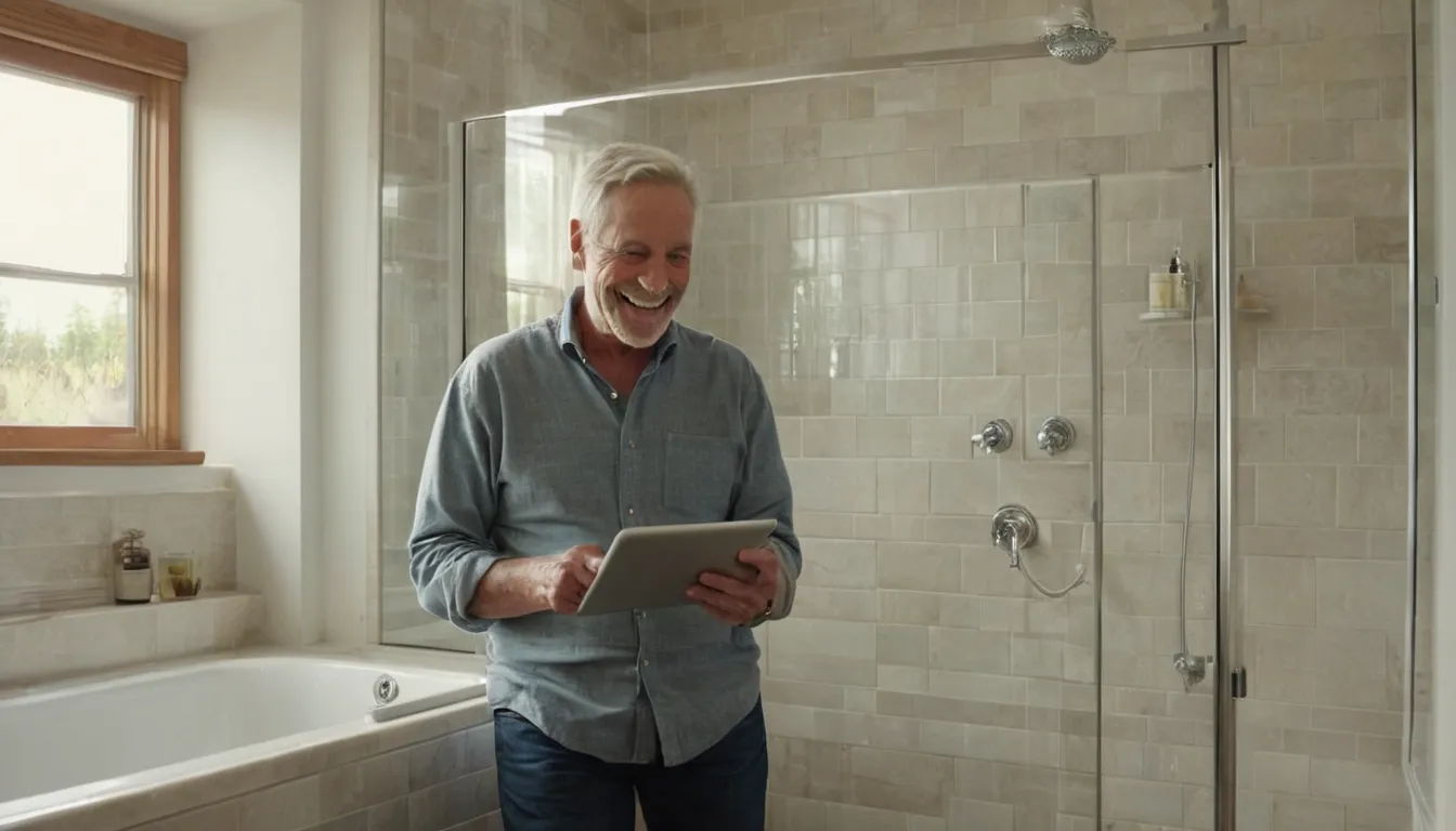 Provider measuring a bathroom for a tub-to-shower conversion in a Canonsburg home