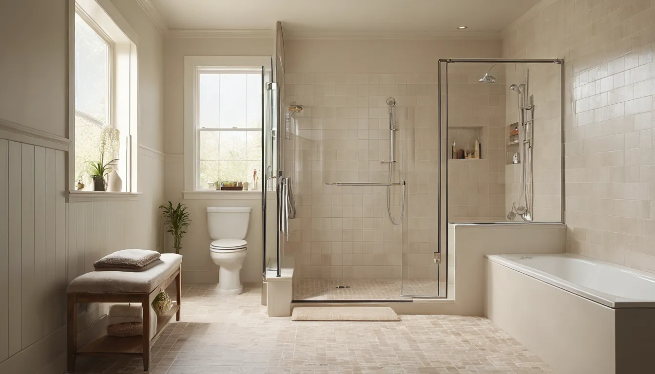 Smiling homeowner stepping into a bright, low-threshold walk-in shower in a Canonsburg home